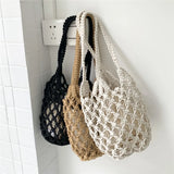 Summer Hollow Woven Shoulder Bag Lightweight Bucket Purse Handbag