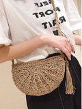 Tassel Beach Crossbody Bag Women Straw Circle Rattan Shoulder Bag