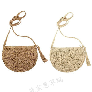 Tassel Beach Crossbody Bag Women Straw Circle Rattan Shoulder Bag