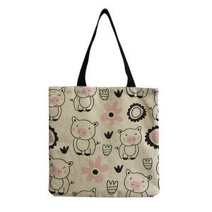 Cartoon Pig & Floral Women Handbag Eco Reusable Shopper Bag