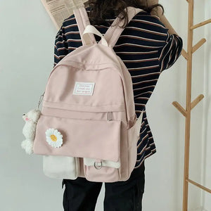 Preppy Style Women's Backpack with Doll Pendant