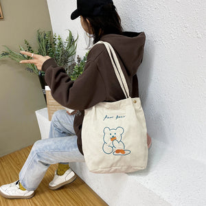 Women Casual Corduroy Shoulder Bag Cartoon Bear Print Bucket Bags