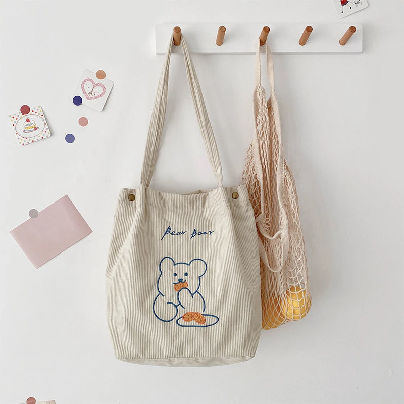 Women Casual Corduroy Shoulder Bag Cartoon Bear Print Bucket Bags