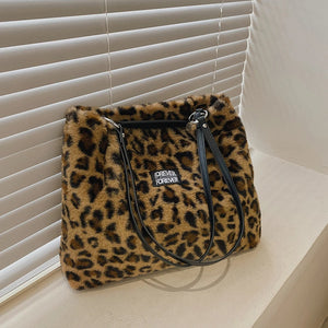 Leopard Print Faux Fur Bucket Bag High Capacity Tote Winter Lady Bag