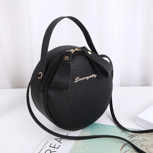 Women Round Leather Bag Circular Shoulder Crossbody Purses