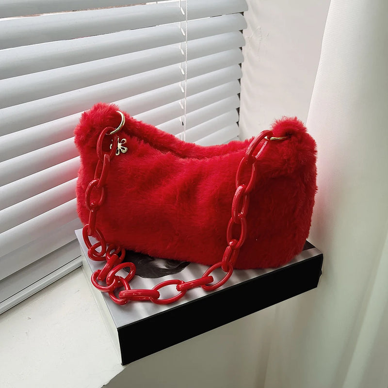 Soft Plush Shoulder Bag Women Autumn Winter Small Underarm Bag Female Chain Fluf