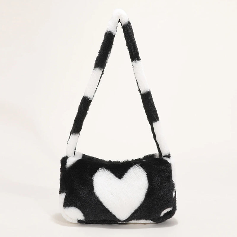 Heart Print Plush Shoulder Bag Small Handbags