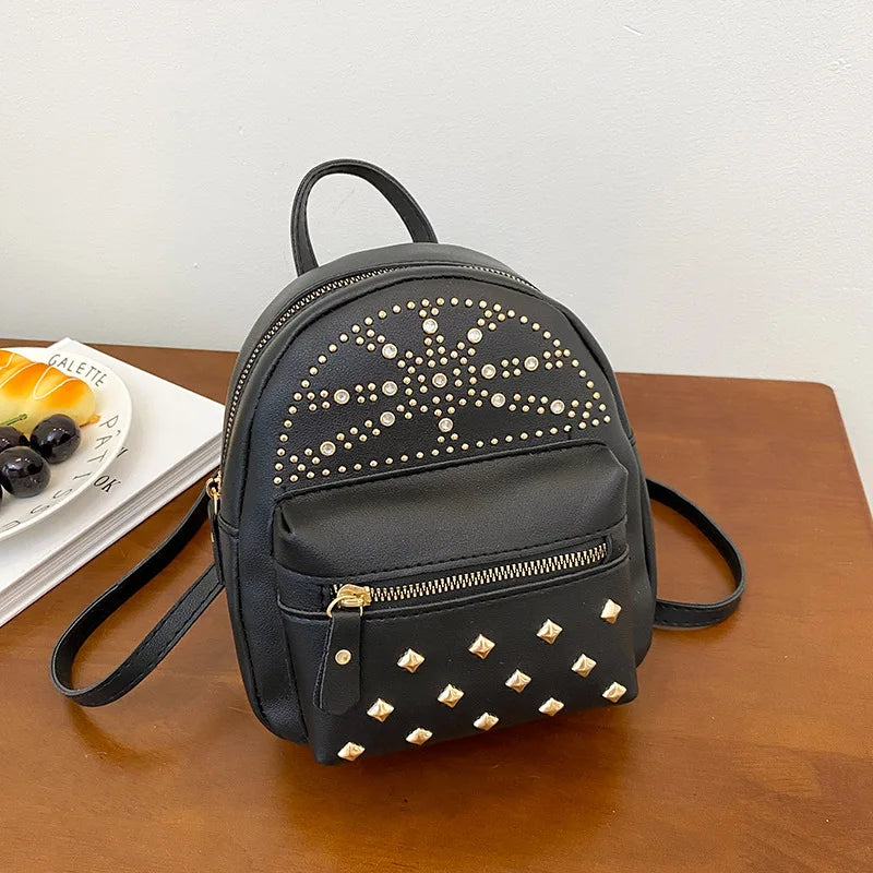 Women's Mini Backpack Daily Rucksack Female Leather Purse Studded Ladies