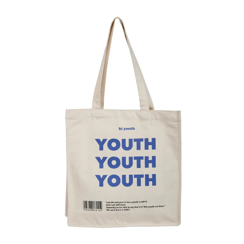 YOUTH Letters Print Women Canvas Shopping Bag Cotton Cloth Shoulder Bag