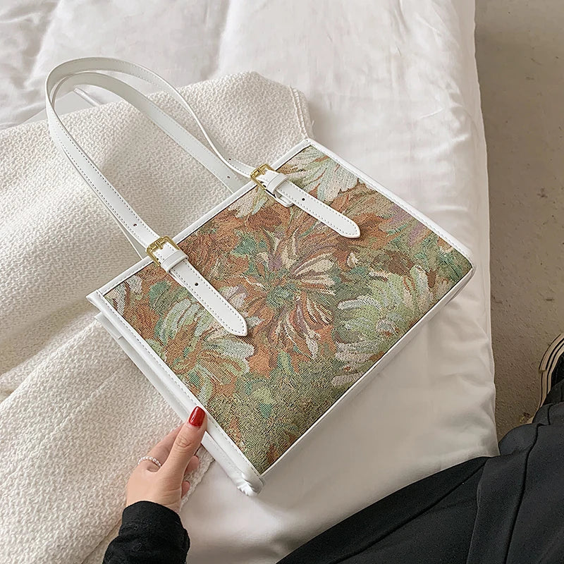 Large Capacity Shoulder Bag with Flower Painting