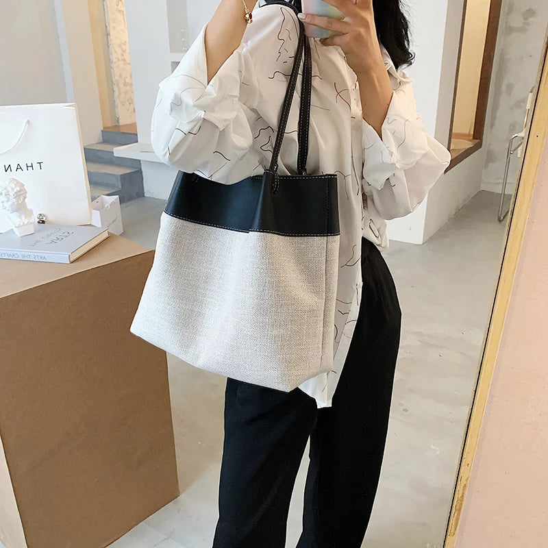 Linen Bucket Bag Shoulder Handbag Large Capacity Wallet