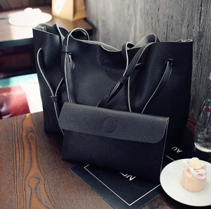 2-Piece Set: Plain Big Tote Handbag in Pink & Grey Clutch Bag