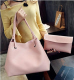 2-Piece Set: Plain Big Tote Handbag in Pink & Grey Clutch Bag