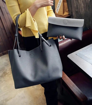 2-Piece Set: Plain Big Tote Handbag in Pink & Grey Clutch Bag