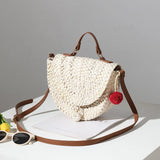 Straw Saddle Bag with Fur Ball One-Shoulder Portable Woven Bag