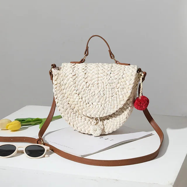 Straw Saddle Bag with Fur Ball One-Shoulder Portable Woven Bag
