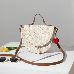 Straw Saddle Bag with Fur Ball One-Shoulder Portable Woven Bag