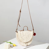 Straw Saddle Bag with Fur Ball One-Shoulder Portable Woven Bag