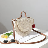 Straw Saddle Bag with Fur Ball One-Shoulder Portable Woven Bag