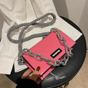 Women's Thick Chain Messenger Bag Leather Shoulder Clutch Purse Handbag