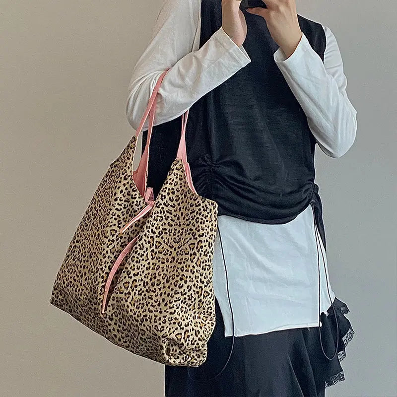 Leopard Print Button Diagonal Bag Large Capacity Canvas Shopping Bag