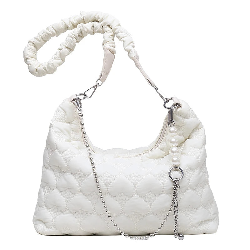 Quilted Nylon Shoulder Bag with Chain Strap