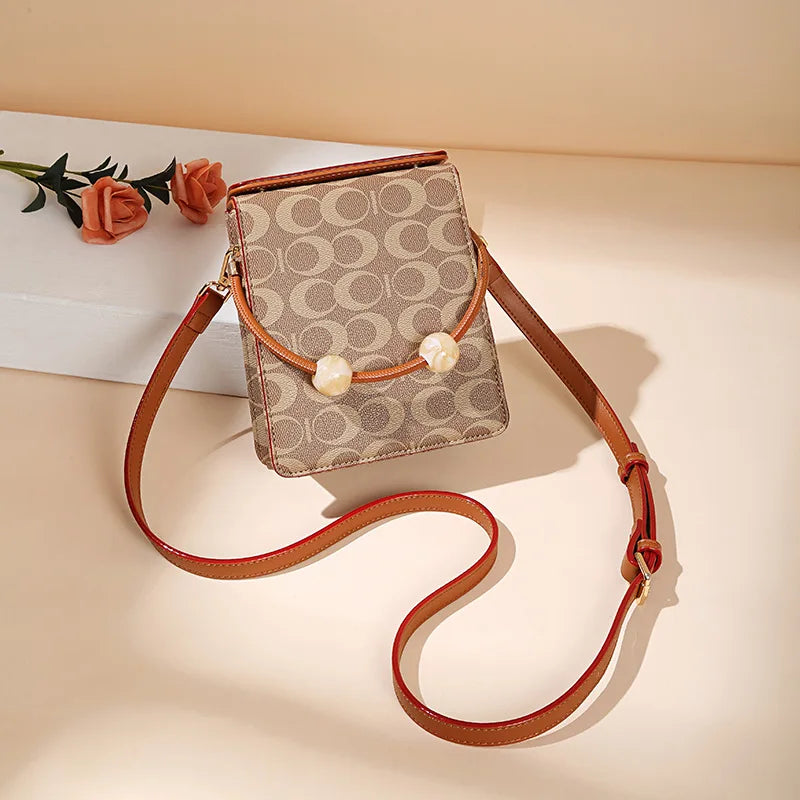 Beaded Shoulder Bag Mini Purse Top Handle Small Phone Pocket Brown
