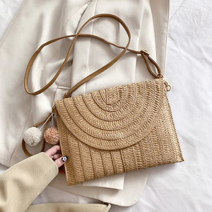 Boho Woven Crossbody Straw Clutch Purse with Pendant