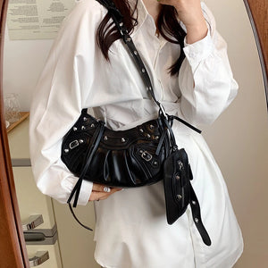 Half Moon Punk Shoulder Bag Rivets Crossbody
