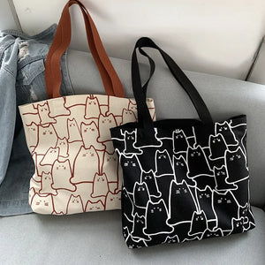 Canvas Shopper Tote Bag Japanese Style Cartoon Cats Small Eco Shoulder Bag