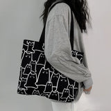Canvas Shopper Tote Bag Japanese Style Cartoon Cats Small Eco Shoulder Bag