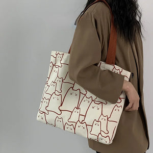 Canvas Shopper Tote Bag Japanese Style Cartoon Cats Small Eco Shoulder Bag