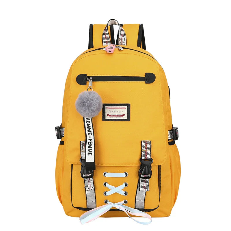 Casual School Bag Girls Women Backpack USB Charging Schoolbag