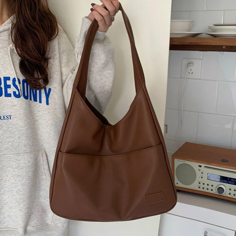 Casual Shoulder Bag Large Capacity PU Leather Wide Straps Tote Bag