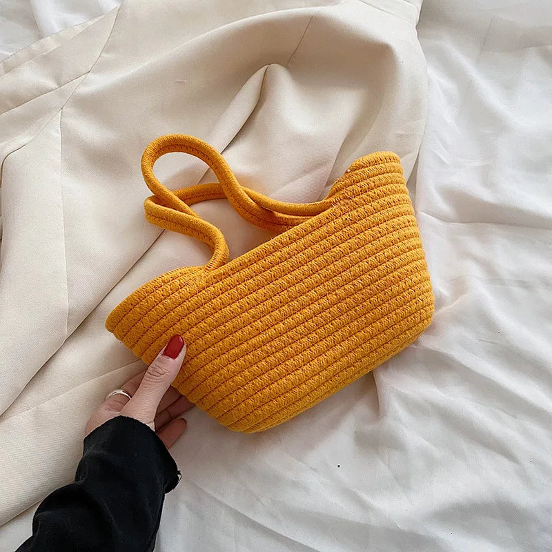 Casual Solid Woven Bag Small Tote Straw Bag Beach Vacation Travel