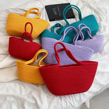 Casual Solid Woven Bag Small Tote Straw Bag Beach Vacation Travel