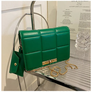 Quilted Plaid Flap Bag PU Leather Shoulder Chain Crossbody Purse