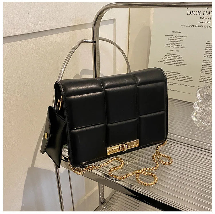 Quilted Plaid Flap Bag PU Leather Shoulder Chain Crossbody Purse