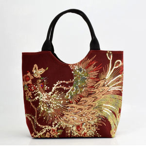 Sequins Peacock Embroidered Canvas Tote Bag, Beaded Handbag