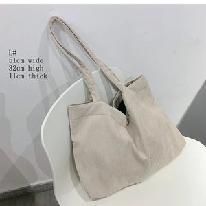 Corduroy Shopper Tote Bag Zipper Large Capacity Winter Handbag