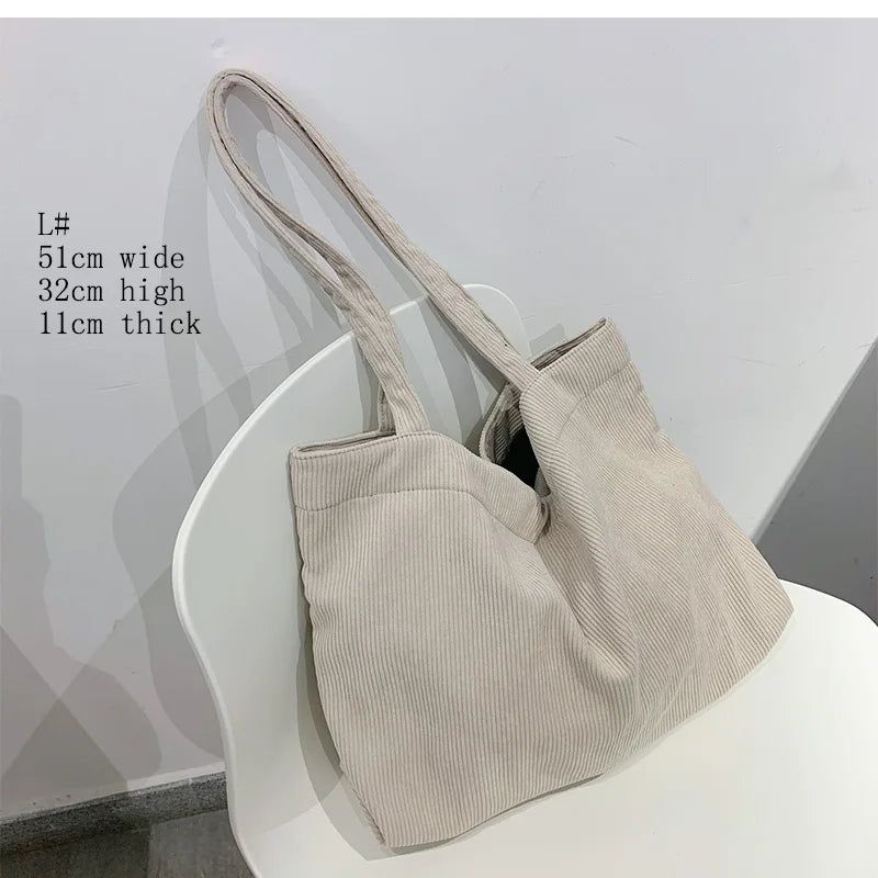 Corduroy Shopper Tote Bag Zipper Large Capacity Winter Handbag