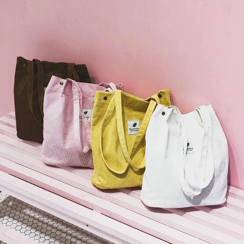 Corduroy Shoulder Bag for Women Cotton Cloth Handbag Solid Eco Shopping Bags