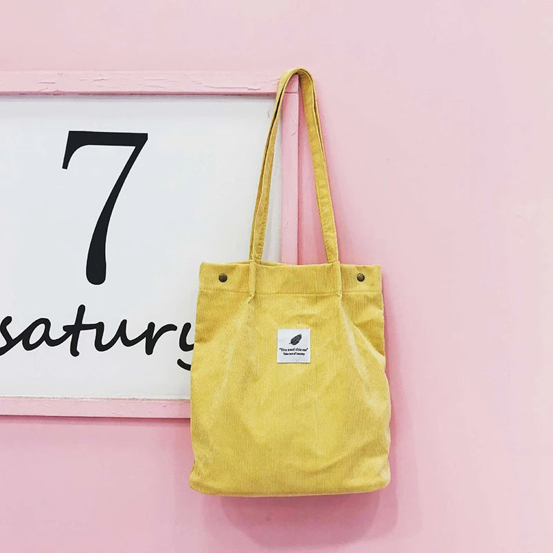Corduroy Shoulder Bag for Women Cotton Cloth Handbag Solid Eco Shopping Bags