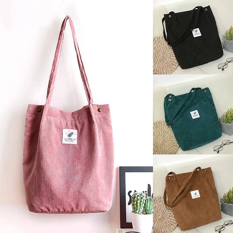 Corduroy Shoulder Bag for Women Cotton Cloth Handbag Solid Eco Shopping Bags
