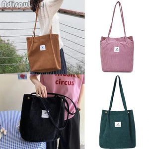 Corduroy Shoulder Bags For Women Cotton Cloth Handbags Solid Shopping Large