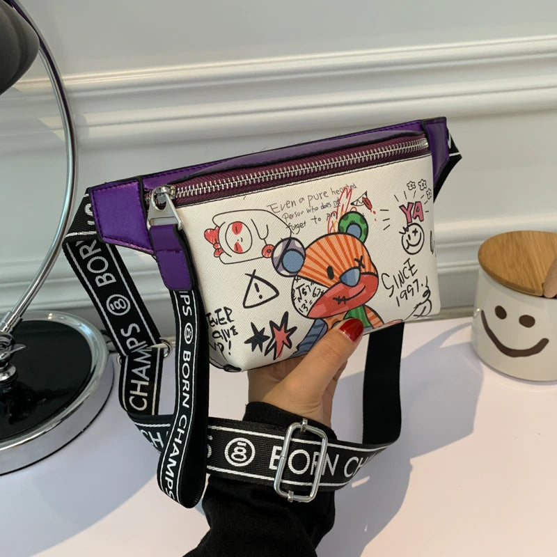 Women's Bear Pattern Leather Waist Bag Travel Fanny Pack
