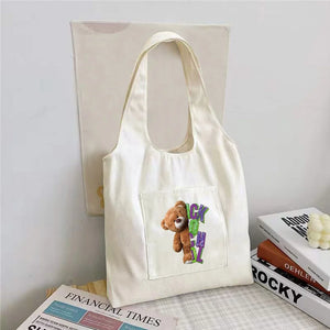 Bear Print Canvas Shoulder Vest Bag Women Version Large Capacity
