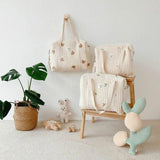 Embroidery Bear Flower Pattern Beige Cotton Handbag