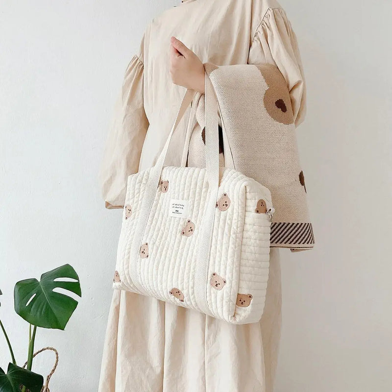 Embroidery Bear Flower Pattern Beige Cotton Handbag