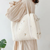 Embroidery Bear Flower Pattern Beige Cotton Handbag